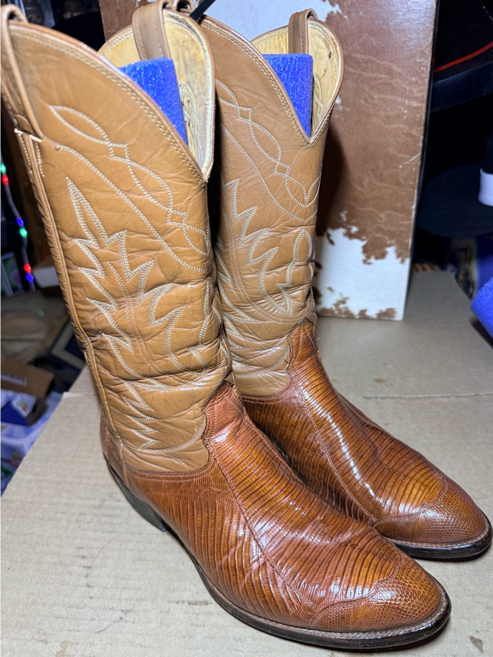 Vintage Nocona Teju Lizard Wingtip Cognac Cowboy Boots - 11 D